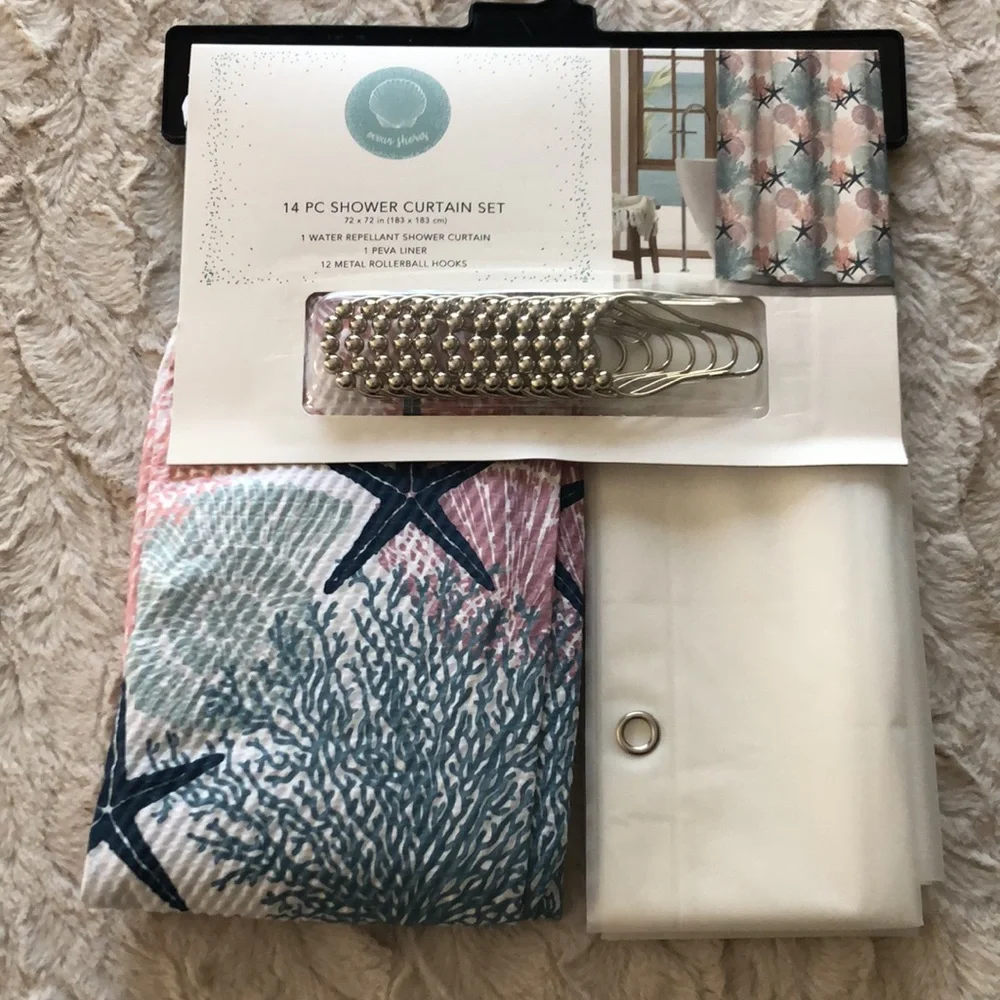 Ocean Coastal Beachy Shower Curtain Set with Hooks